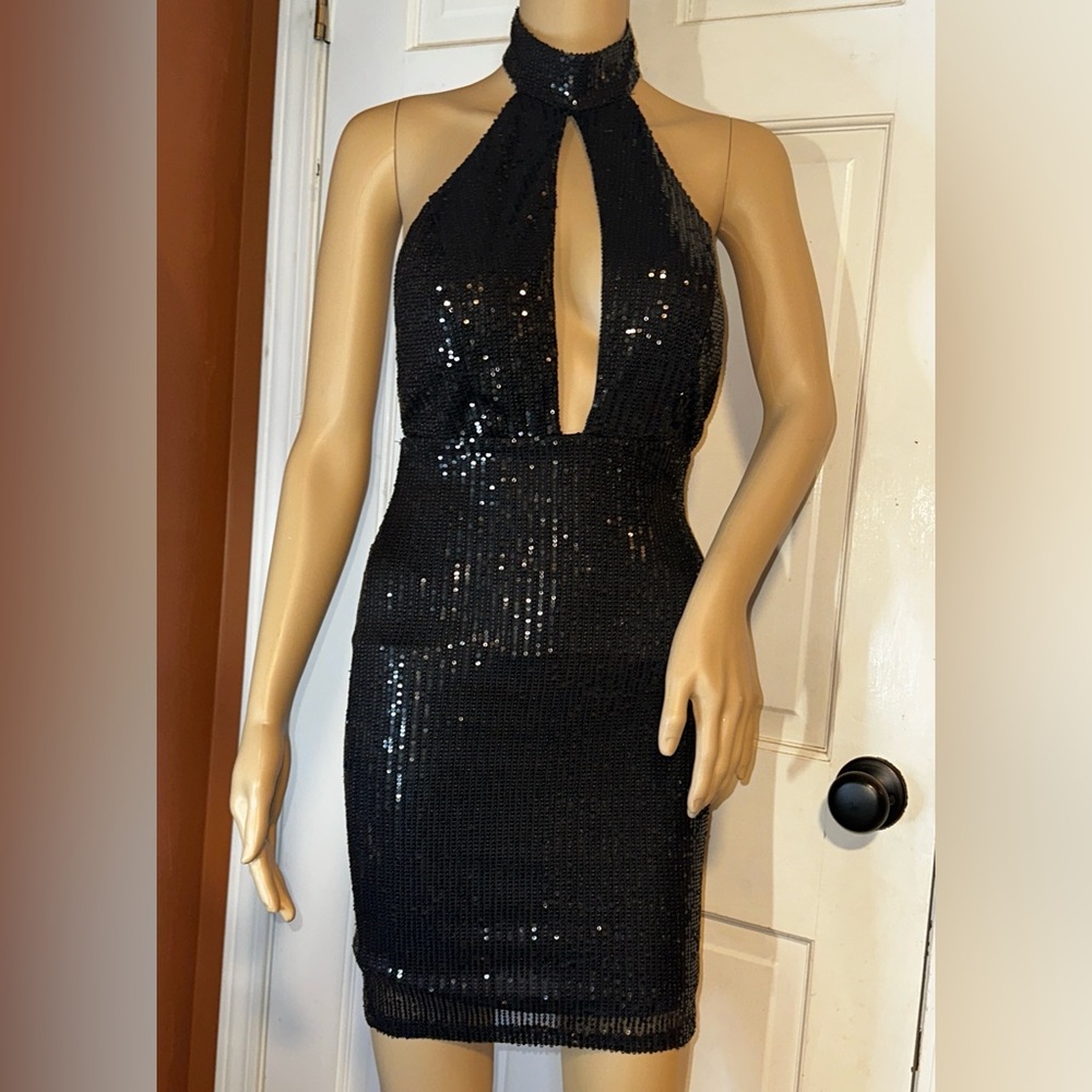 NWOT Bozzolo Sexy Backless Black Sequin Cocktail Mini Dress Choker Collar Small